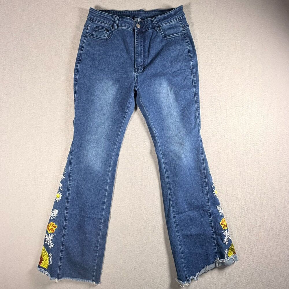 Women's Blue Floral Embroidered Flare Jeans Raw Hem Boho Y2K Denim Size XL